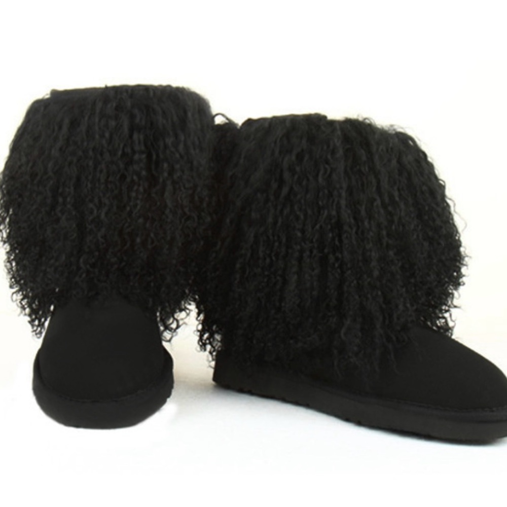 Black UGG Long Mongolian Fur Short Boots